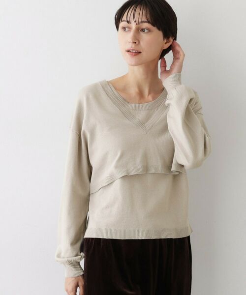 Dessin / デッサン ニット・セーター | 【2点セット/3WAY/洗える】ノースリーブインナー付きVネックショート丈ニット(グレージュ(050))