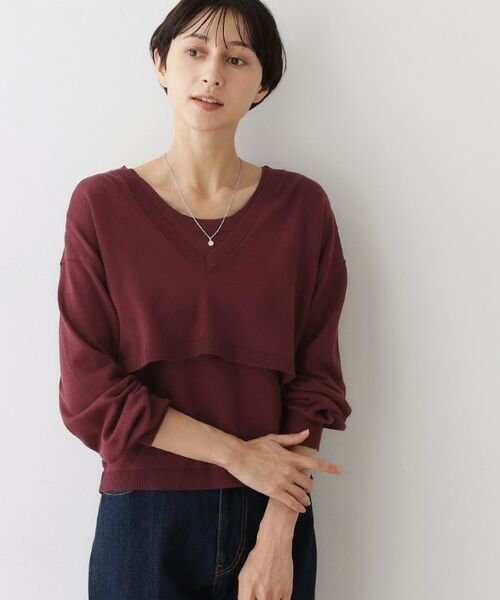 Dessin / デッサン ニット・セーター | 【2点セット/3WAY/洗える】ノースリーブインナー付きVネックショート丈ニット(ボルドー(064))