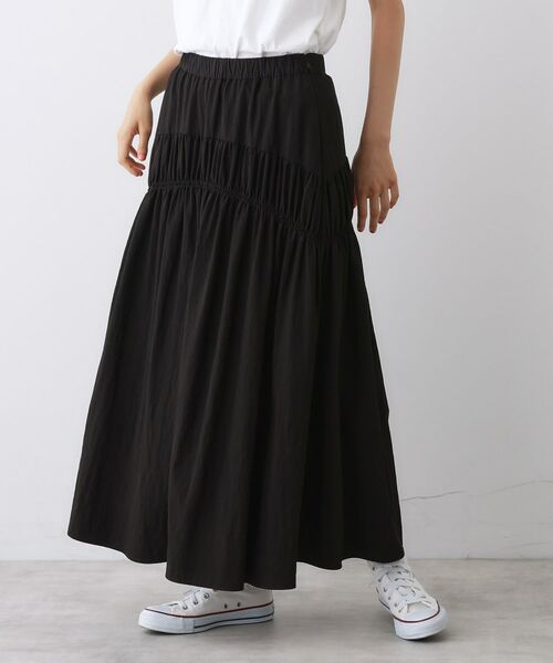 Dessin / デッサン ロング・マキシ丈スカート | 【ウエストゴム/洗える】シャーリングナイロンスカート(ブラック(019))