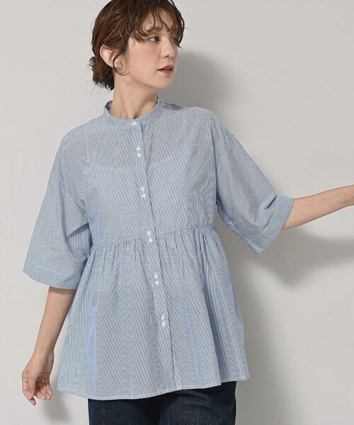 Dessin / デッサン シャツ・ブラウス | 【洗える/体型カバー】バンドカラーペプラムブラウス(ブルー(391))