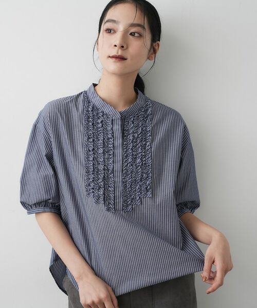 Dessin / デッサン シャツ・ブラウス | 【洗える】フリルバンドカラー五分袖ブラウス(ネイビー(394))