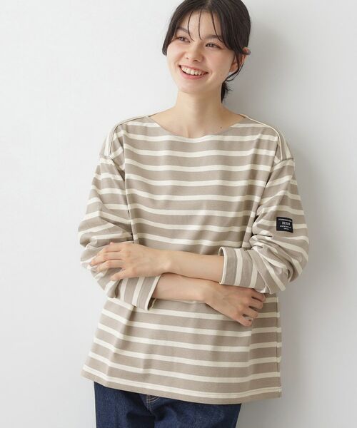 Dessin / デッサン カットソー | 【ユニセックス・洗える】ボートネックボーダーカットソー（グレージュ(350)）