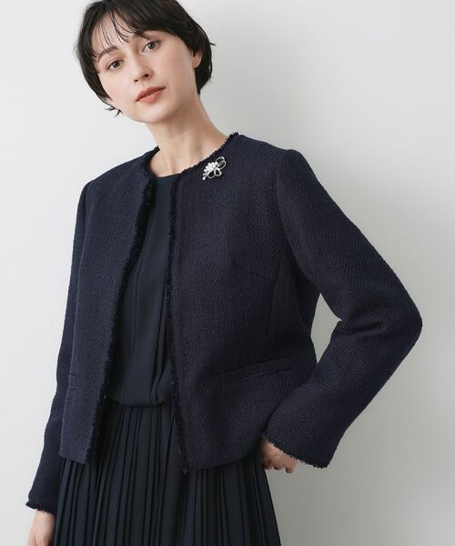 Dessin / デッサン ノーカラージャケット | 【入卒/セレモニー/セットアップ可能】ツイードクルーネックジャケット(ネイビー(094))