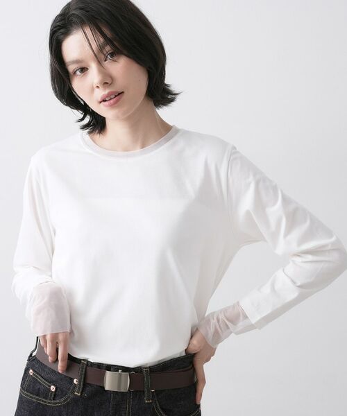 Dessin / デッサン カットソー | チュールボーダーロングTシャツ(ホワイト(002))