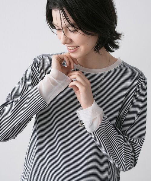 Dessin / デッサン カットソー | チュールボーダーロングTシャツ(ネイビー(394))