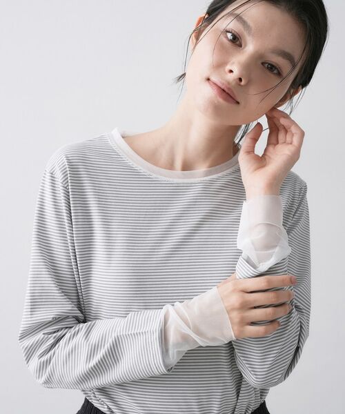 Dessin / デッサン カットソー | チュールボーダーロングTシャツ(ライトグレー(311))
