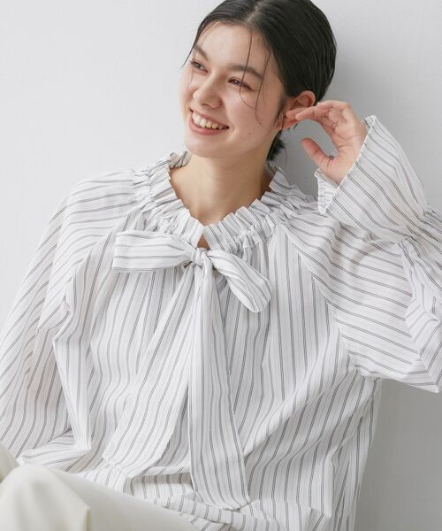 Dessin / デッサン シャツ・ブラウス | 【洗える】フリルボウタイストライプブラウス（ピンク(371)）