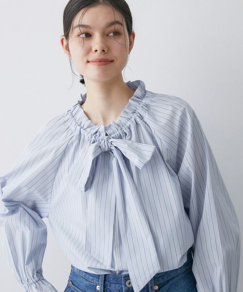 Dessin / デッサン シャツ・ブラウス | 【洗える】フリルボウタイストライプブラウス（サックスブルー(390)）
