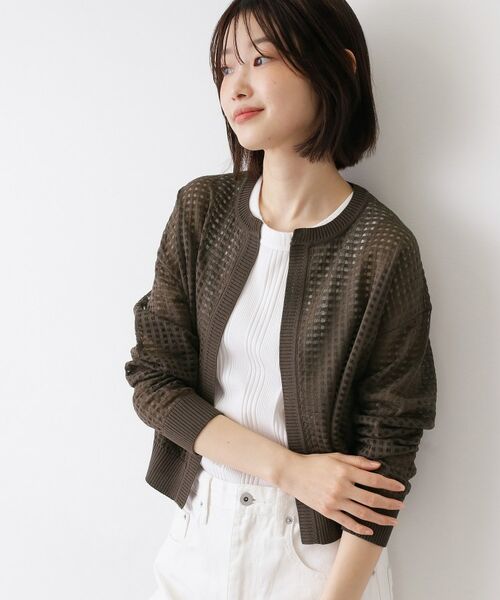 Dessin / デッサン カーディガン・ボレロ | 【洗える】チェック柄シアークルーネックカーディガン（ブラウン(044)）