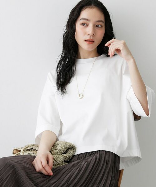 Dessin / デッサン カットソー | 【体型カバー/五分袖】美光沢カットソーボクシーシルエット（ホワイト(002)）