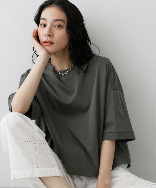 Dessin / デッサン カットソー | 【体型カバー/五分袖】美光沢カットソーボクシーシルエット（チャコールグレー(014)）