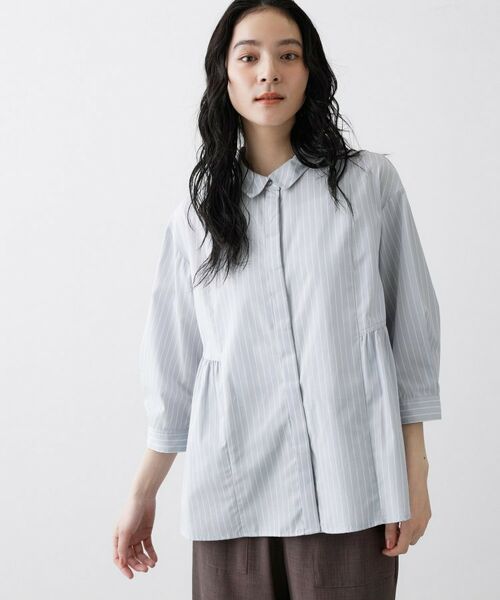 Dessin / デッサン シャツ・ブラウス | 切替フレアストライプシャツ（ブルー(391)）