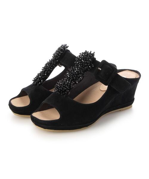 D'ICI / ディッシィ サンダル | ビジュー付きTストラップサンダル(ブラックスエード)