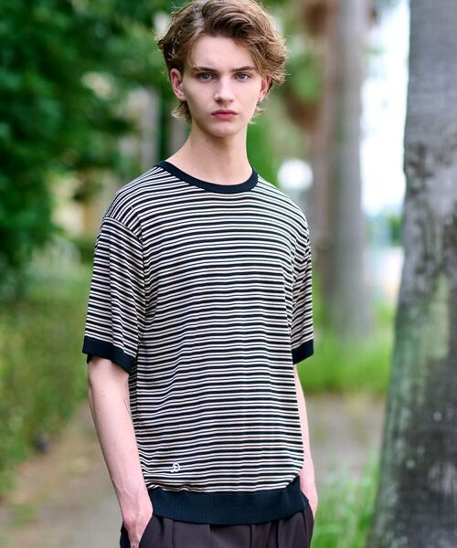 DRESSTERIOR / ドレステリア ニット・セーター | シルク混ボーダーハーフスリーブニットT(ブラック(019))