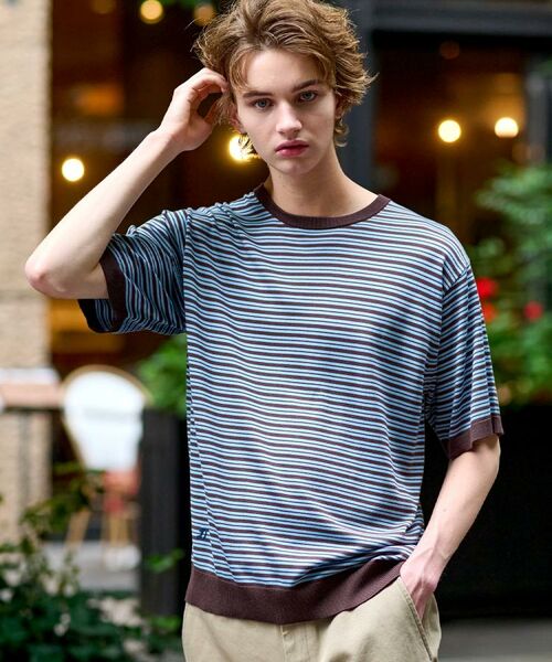 DRESSTERIOR / ドレステリア ニット・セーター | シルク混ボーダーハーフスリーブニットT(ブラウン(044))