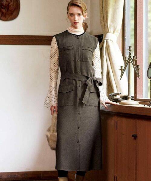 DRESSTERIOR / ドレステリア ロング・マキシ丈ワンピース | 【洗える/前開きボタン】ウォッシャブルツイードライクワンピース（ブラウン(043)）