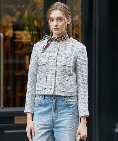 DRESSTERIOR / ドレステリア ノーカラージャケット | ラメミックスツイードジャケット(ライトグレー(011))