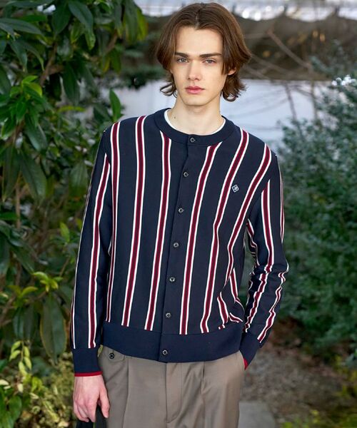 DRESSTERIOR / ドレステリア カーディガン・ボレロ | ウールレーヨン ストライプラウンドネックカーディガン（ネイビー(294)）