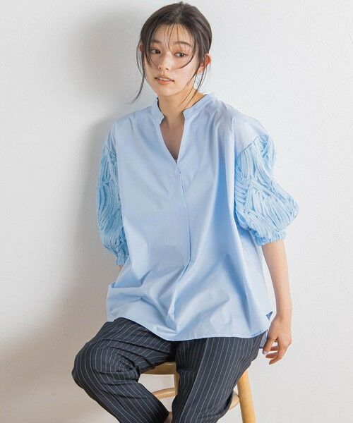 Droite lautreamont/ドロワットロートレアモン 袖刺繍レーススキッパー7分袖ブラウス≪手洗い可能≫ ブルー M Droite lautreamont/ドロワットロートレアモン 袖刺繍レーススキッパー7分袖ブラウス≪手洗い可能≫ ブルー M