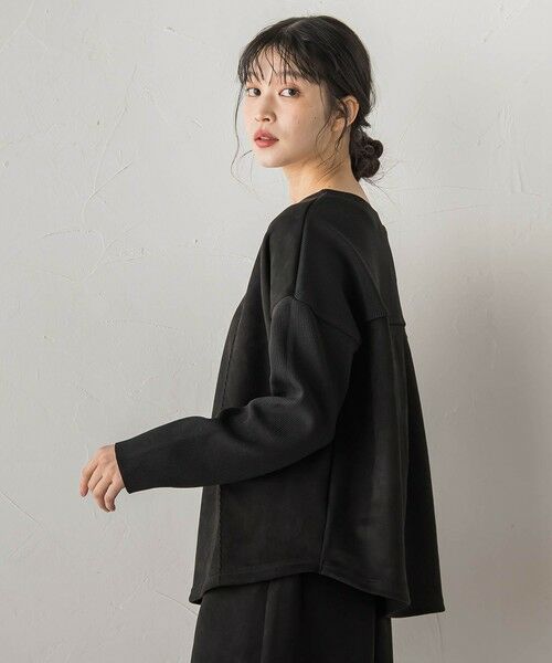 Droite lautreamont / ドロワットロートレアモン カットソー | スエード×リブ変形切替えプルオーバー≪手洗い可能≫（ブラック）