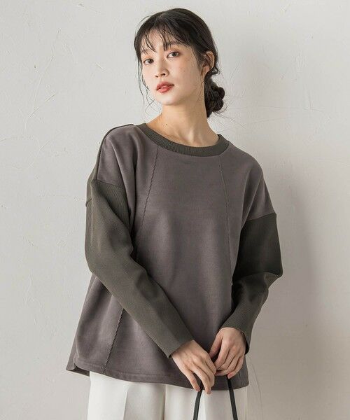 Droite lautreamont / ドロワットロートレアモン カットソー | スエード×リブ変形切替えプルオーバー≪手洗い可能≫（チャコールグレー）