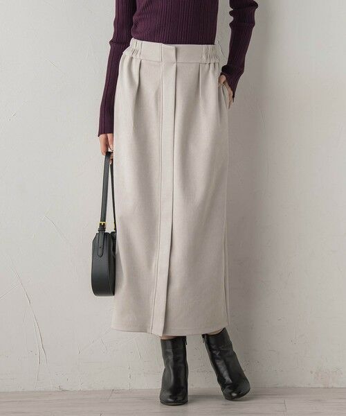 Droite lautreamont / ドロワットロートレアモン ミニ・ひざ丈スカート | スエードフロント切替えナロースカート≪手洗い可能≫（ベージュ）