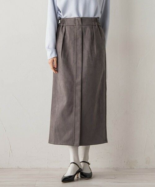 Droite lautreamont / ドロワットロートレアモン ミニ・ひざ丈スカート | スエードフロント切替えナロースカート≪手洗い可能≫（チャコールグレー）