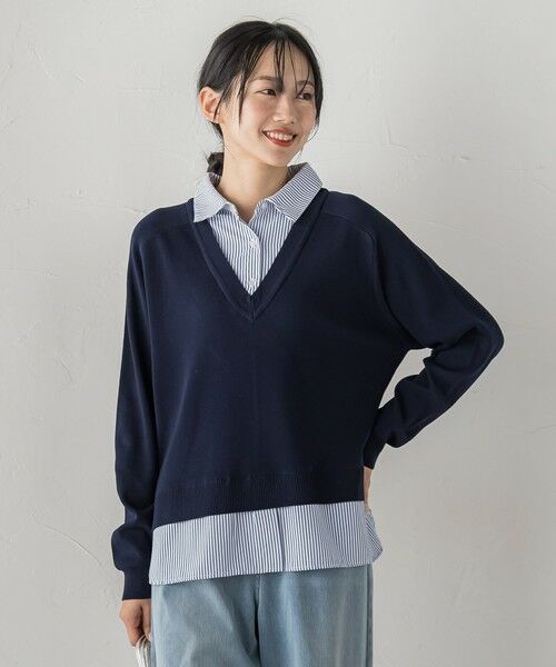 Droite lautreamont / ドロワットロートレアモン ニット・セーター | 【WEB限定】Vネックブラウス切替えプルオーバー≪手洗い可能≫（ネイビー）