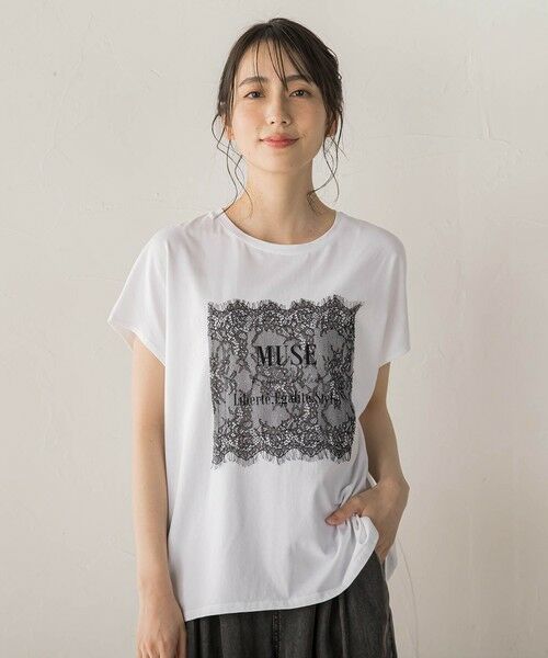 Droite lautreamont / ドロワットロートレアモン カットソー | レースたたき付けプリントTシャツ（オフホワイト）