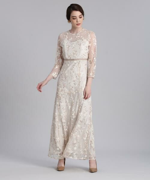 Maglie le cassetto / マーリエ ル カセット ミニ丈・ひざ丈ワンピース | 《M Maglie le cassetto》エンブロイダリーチュールロングドレス(ベージュ2)