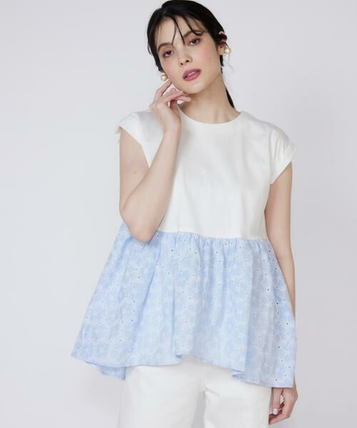 Maglie le cassetto / マーリエ ル カセット Tシャツ | 刺繍レースドッキングカットソー（サックス3）