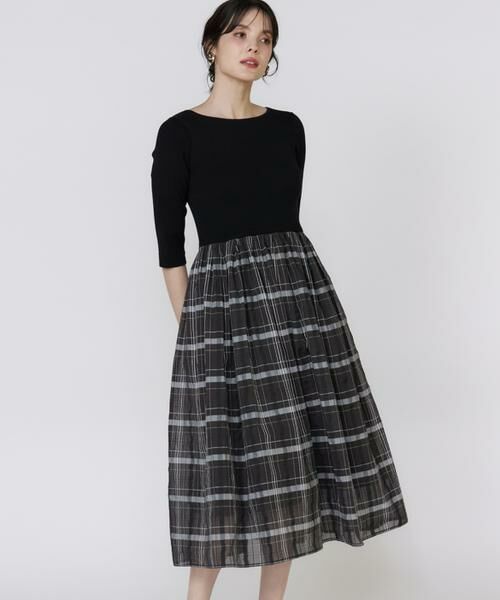 Maglie le cassetto / マーリエ ル カセット ミニ丈・ひざ丈ワンピース | シアーチェックドッキングニットワンピース | 詳細1