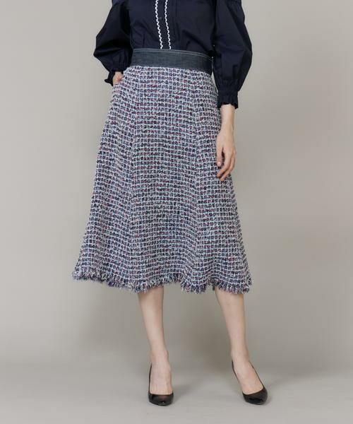 Maglie le cassetto / マーリエ ル カセット ミニ・ひざ丈スカート | 《大きいサイズ》デニムファンシーツイードスカート《M Maglie le cassetto》（ネイビー）