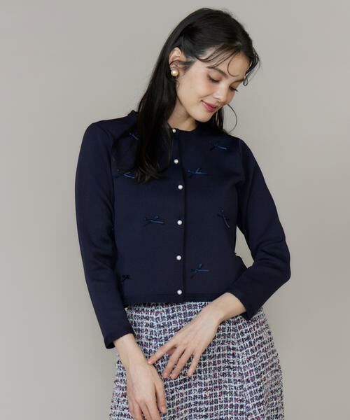 Maglie le cassetto / マーリエ ル カセット その他アウター | 《大きいサイズ》サテンリボンニットジャケット（ネイビー）