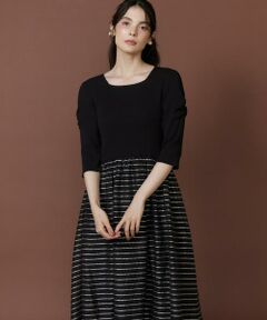 Maglie le cassetto / マーリエ ル カセット ミニ丈・ひざ丈ワンピース | シアーボーダードッキングニットワンピース｜スクエアネックが叶える大人の華奢見えワンピ