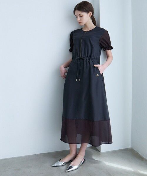 ELLE エル　ワンピース165A セール】 【Lu TECS】シアーコンビ フレアドレス （ロング