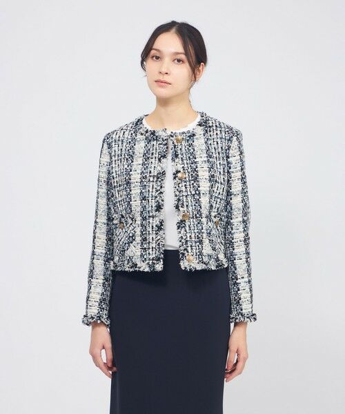 EPOCA / エポカ ノーカラージャケット | ミックスファンシーツィード ノーカラージャケット（サックス１）