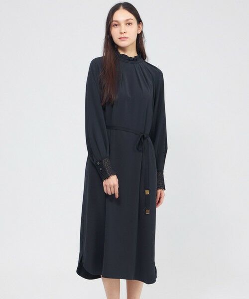 EPOCA / エポカ ロング・マキシ丈ワンピース | パウダリーダブルクロス レースコンビワンピース（ネイビー2）