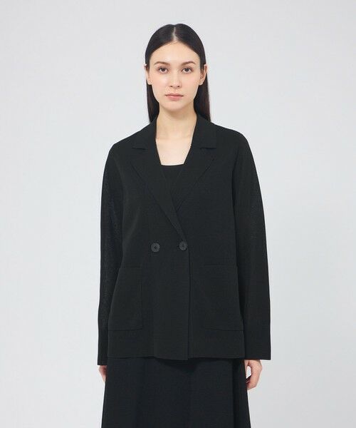 EPOCA / エポカ ノーカラージャケット | シアーコットンナイロン ダブルブレストニットジャケット（ブラック1）