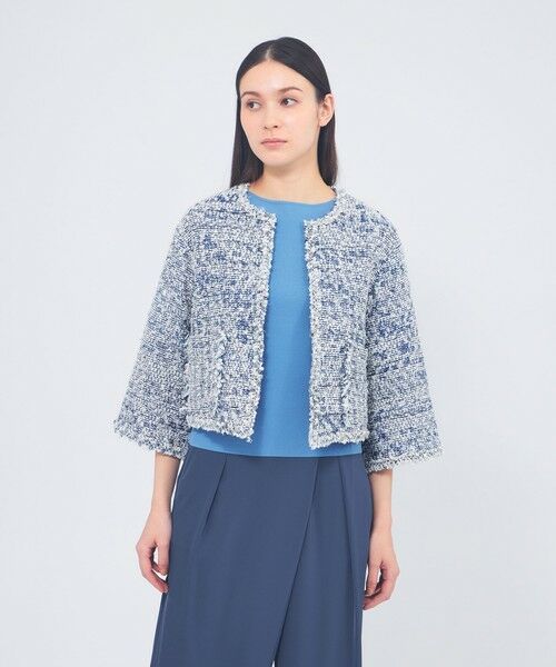 EPOCA / エポカ ノーカラージャケット | ミックスツイード ニットジャケット（インディゴ）