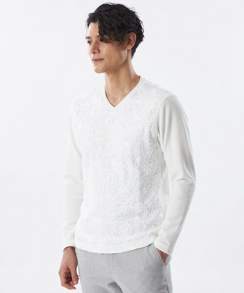 EPOCA UOMO / エポカ ウォモ その他トップス | 【PRIMA COLLECTION】ストライプベロア刺繍ロングスリーブTシャツ(ホワイト)