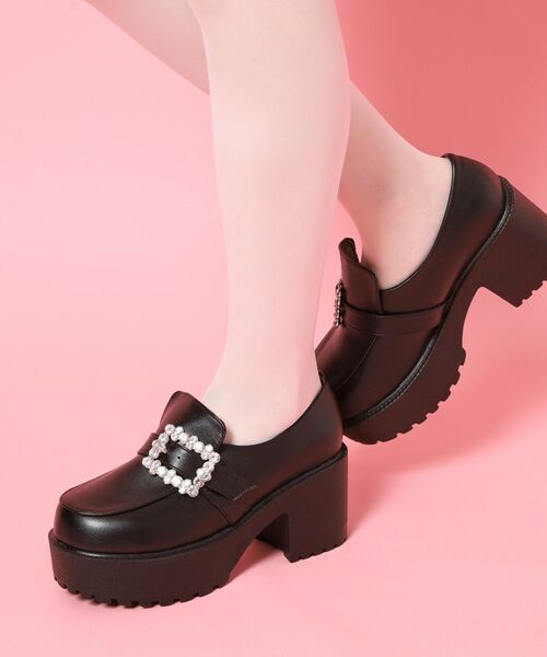 ESPERANZA / エスペランサ パンプス | 厚底キラキラストーンバックル ローファーパンプス（ブラック(019)）