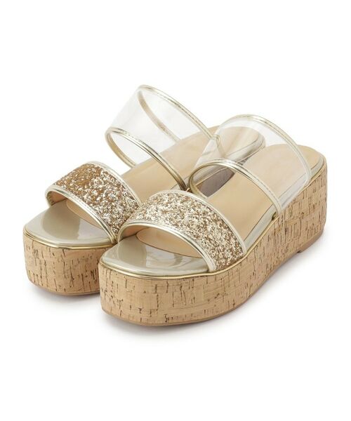 ESPERANZA / エスペランサ サンダル | グリッター×クリアベルト 厚底コルクサンダル(ゴールド(008))