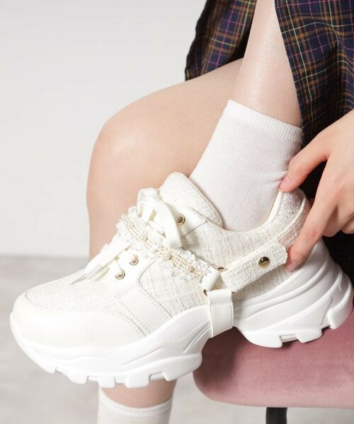 ESPERANZA / エスペランサ スニーカー | フリル×パール調ベルトツイードスニーカー(ホワイト(301))