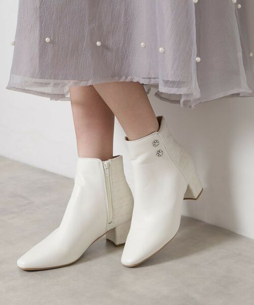 ESPERANZA/エスペランサ ビジュー付きツイードショートブーツ ホワイト(901) S(22.0cm-22.5cm) ESPERANZA/エスペランサ ビジュー付きツイードショートブーツ ホワイト(901) S(22.0cm-22.5cm)