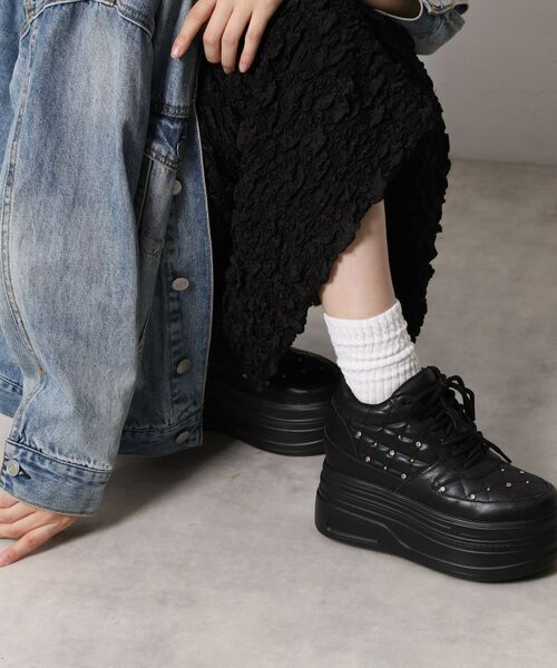 ESPERANZA / エスペランサ スニーカー | きゅんフィット厚底フラットキルティングスタッズスニーカー(ブラック(019))