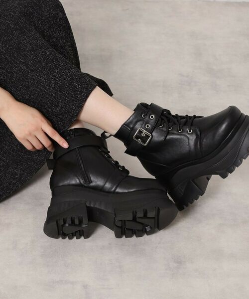 ESPERANZA / エスペランサ ブーツ（ショート丈） | レースアップバックル厚底ブーツ（ブラック(019)）