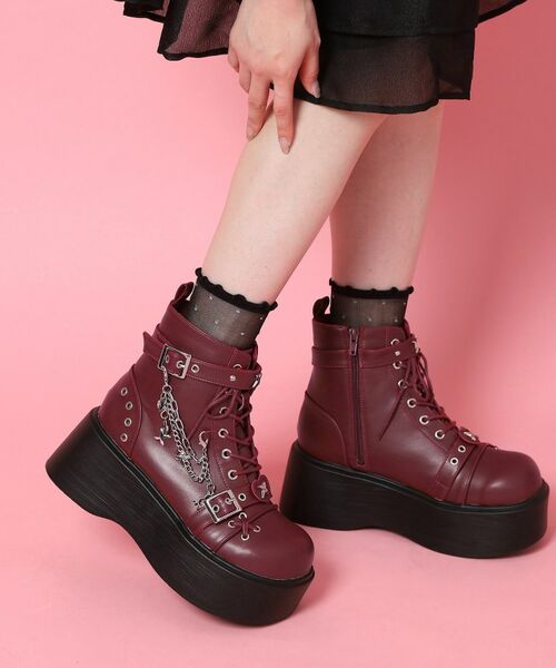 ESPERANZA / エスペランサ ブーツ（ショート丈） | 厚底レースアップ地雷系闇病みかわブーツ（レッド(062)）