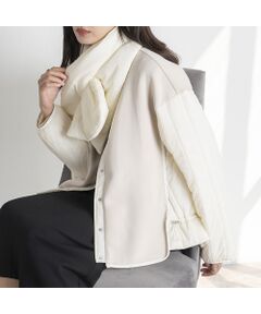 <b>軽量で暖かいノーカラーの中わたコートとマフラーの2点セット</b><br><br>■Design/Styling■<br>身頃をダンボール素材で切り替えたノーカラーブルゾンとマフラーがセットになった冬に嬉しいアイテム。<br>さらっと着るだけでコーディネートが決まる、取り入れやすい一枚です。<br><br>・サイドに程よいボリューム感がありカジュアルになりすぎないデザイン<br>・裾はドロスト仕様になっており、丸みのあるシルエットにも変形できます<br>・裾と袖口はフェイクレザーのパイピングがアクセントになっています<br>・程よくゆったりとしたシルエットでスウェットや厚手のニットの上にも楽に羽織れます<br>・車や自転車移動にもぴったりな長すぎない着丈で、パンツはもちろんロングスカートとも好相性<br>・同素材のマフラーがセットなので合わせたコーディネートはもちろんそれぞれのコーデも楽しめます<br><br>■Color：オフホワイト、ブラック<br><br>■商品特性■<br>素材の厚さ：厚手<br>素材の透け感：なし<br>素材の光沢：なし<br>素材の収縮性：なし<br>裏地：あり<br><br>※モデル身長:164cm　着用サイズ:38<br><br>■Staff Review■<br>・スタッフA<br>身長：158㎝　体型：普通　普段の着用サイズ/38<br>ノーカラーのデザインでハイネックニットやパーカーなど合わせるトップスを選びません。スナップボタン開きで着脱もらくちん。気軽に羽織れてこの冬、重宝間違いなしのアウターです。<br><br><br><br><font color='#626063'><b>■EUCLAID■<br>身に纏うだけでバランスのいい凜とした女性に。<br>この服だからこそ、今日の心地がいい。</b></font><br><br>※屋外での撮影画像は、光の当たり具合で色味が違って見える場合がございます。 商品の色はスタジオ撮影の画像をご参照ください。<br><br>※お客様のお使いのスマホやPCのモニター環境などにより、色味が違って見える場合がございますので、予めご了承の上ご注文下さい。<BR>