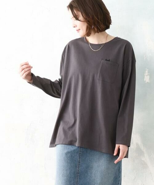 eur3 / エウルキューブ カットソー | 【大きいサイズ】コットン長袖Tシャツ（ダークグレー(ネコ））